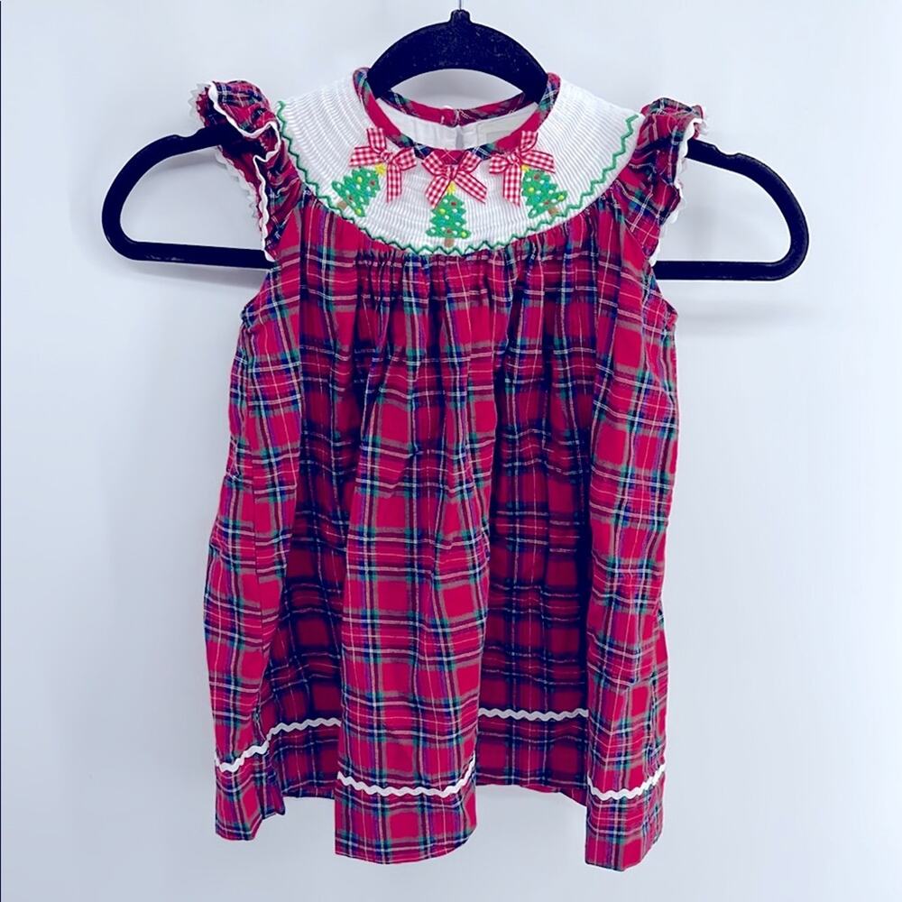 Lil Cactus smocked Christmas Tree embroidered plaid rick rack ruffle dress sz 3T